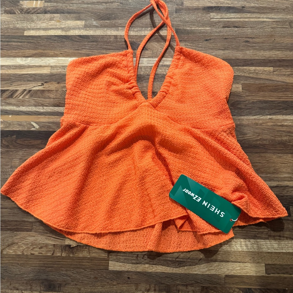 SHEIN Bright Orange Textured Halter Top